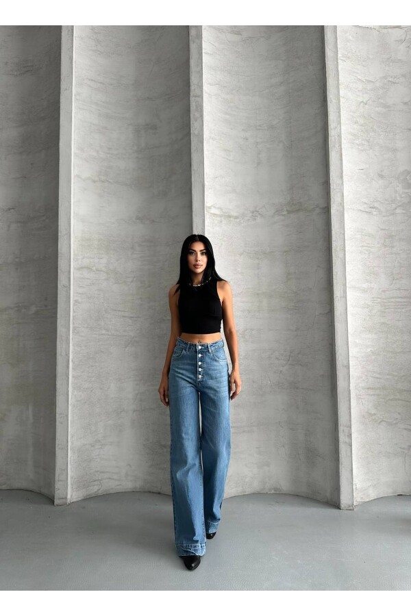 Bayan Düğme detaylı Bol Jean Pantolon