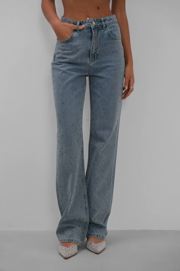 Buz Mavi Taşlı Yüksek Bel Straight Fit Düz Paça Kadın Kot Pantolon 
