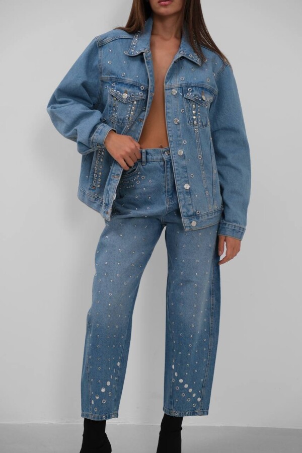 Tasarım Taşlı Kadın Balon Mavi Kot Pantolon 