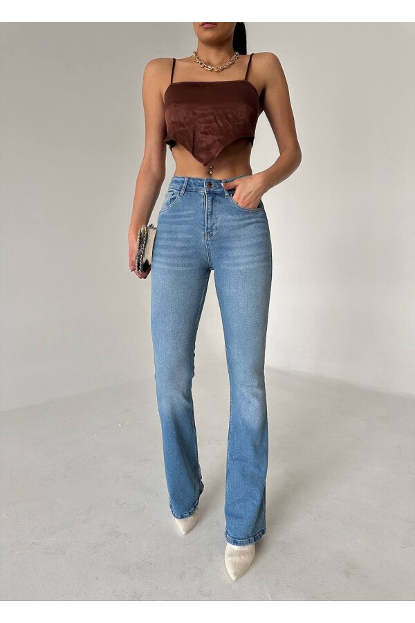 W1428 İspanyol Paça Yüksek Bel Açık Mavi Jean 