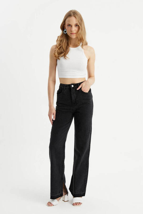 W1541 SİYAH YÜKSEK BEL DISTRESSED FIT JEAN