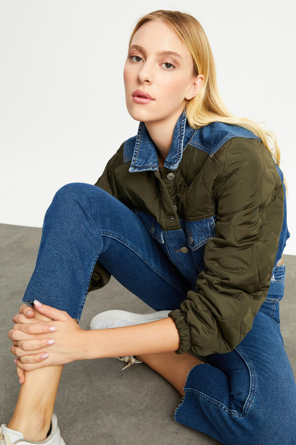 W1650 KHAKI QUILTED SLEEVE DENIM JACKET