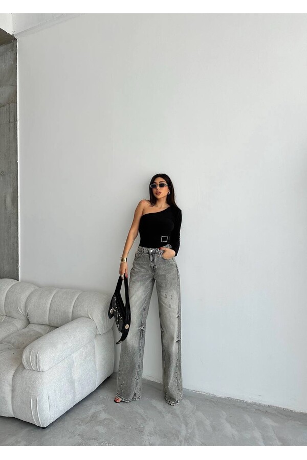 W1783 Baggy Lazer Detaylı Sıyah Jean