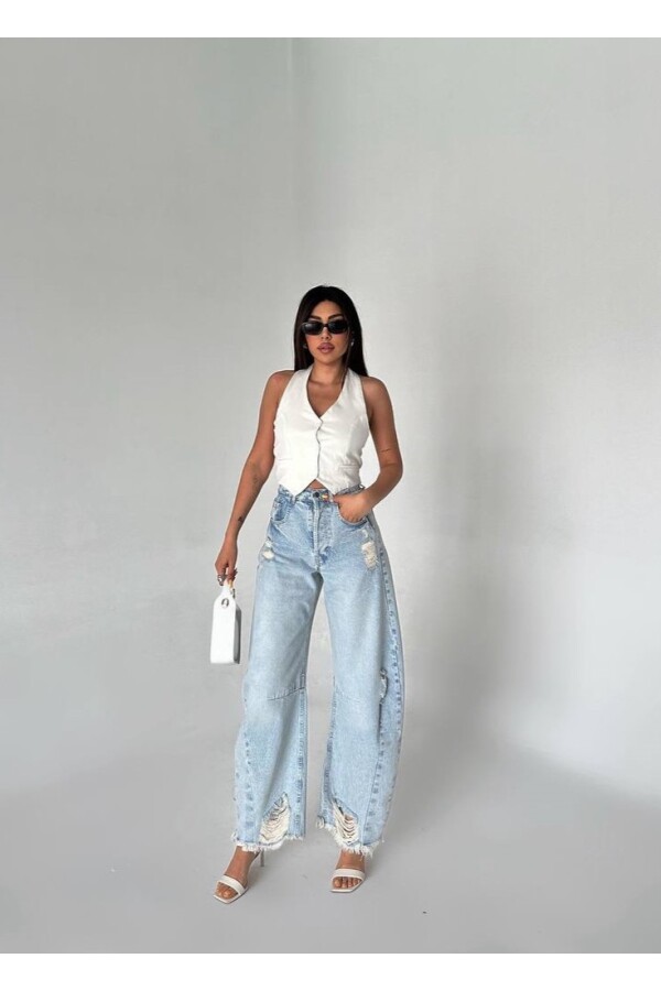 W1851 Kadın Yüksek Bel Balon Fit Buz Mavi Yırtık Jean