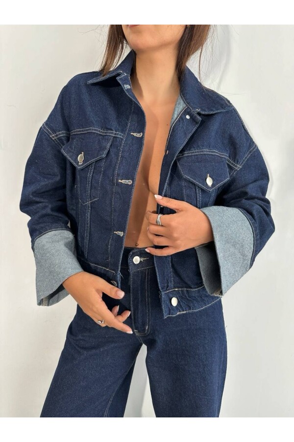 W1910 Kolu Katlamalı Lacivert Crop Denim Ceket