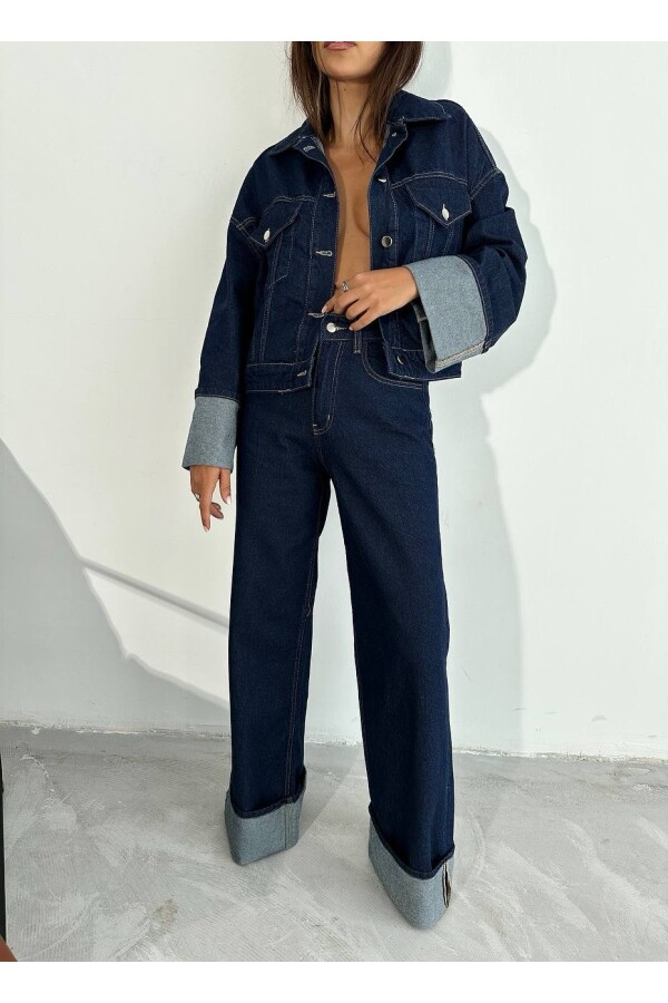 W1911 Paçası Katlamalı Koyu Mavi Kadın Palazzo Jean 