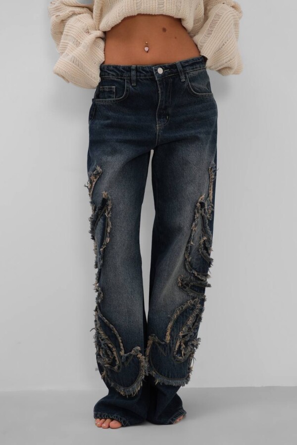 W1914 Püsküllü Koyu Mavi Baggy Kadın Jean 