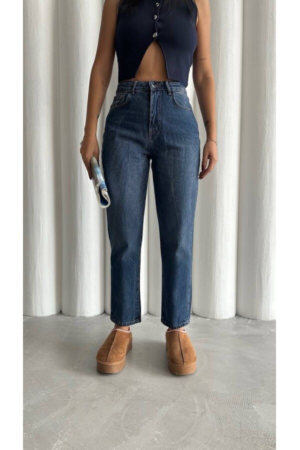 W1937 Mom Fit Düz Koyu Mavi Kot Pantolon