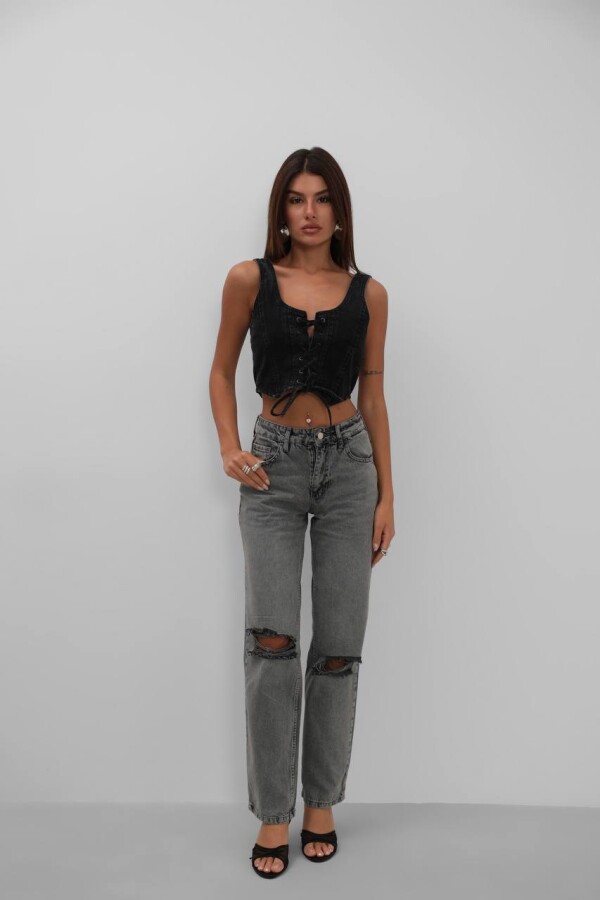 W1938 Orta Bel Dizi Yırtık Gri Yıkamalı Kadın Kot Pantolon 