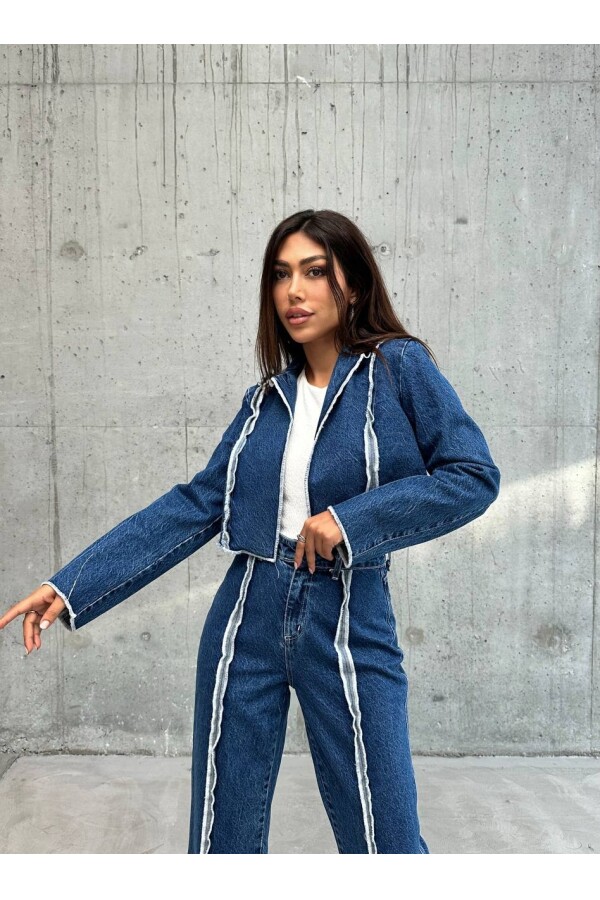 W1940 Şeritli Straight Fit Krop Mavi Ceket Jean 