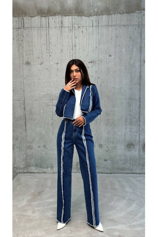 W1941 Şeritli Straight Fit Yüksek Bel Mavi  Jean 
