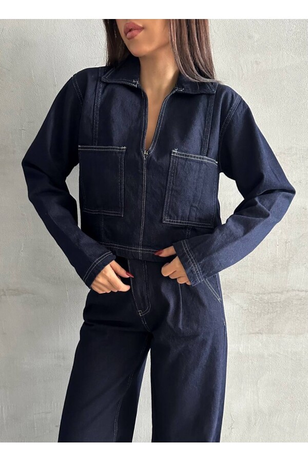 W1948 Denim Crop Lacivert Kot Bluz