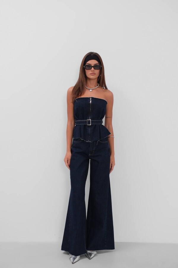 W1982 Orta Bel Baggy Koyu Mavi Kot Pantolon 