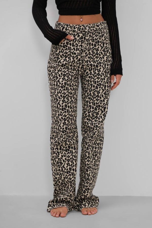 W1983 Bej Leopar Straight Fit Kadın Kot Pantolon