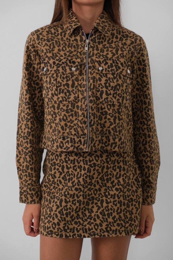 W1988 Kahverengi Leopar Kısa Kot Ceket 