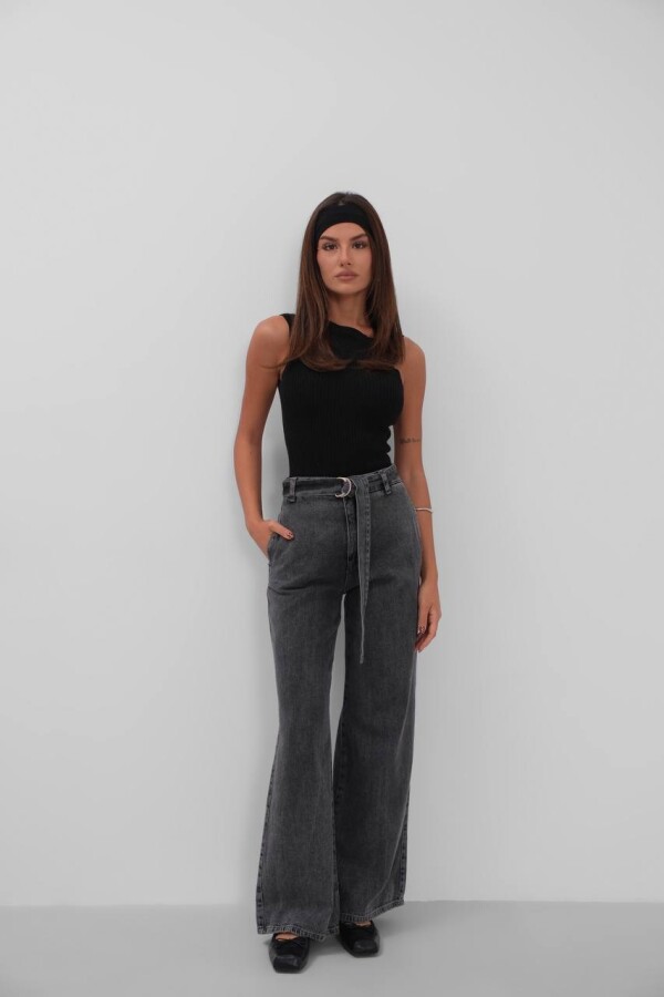 W1991 Beli Kemerli Gri  Palazzo Wide Leg Kot Pantolon 