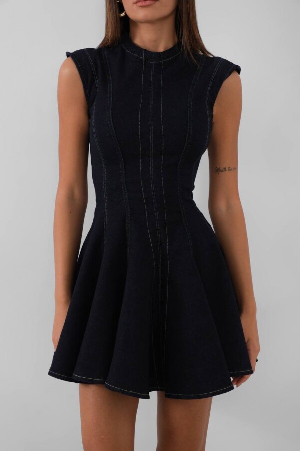 W1997 Konrast Dikişli Likralı Koyu Mavi Denim Elbise 