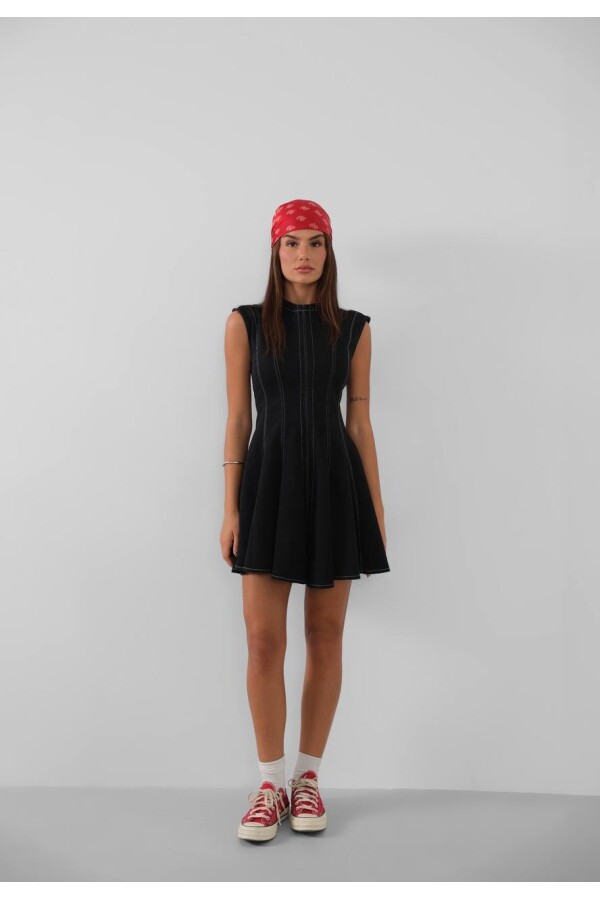 W1999 Konrast Dikişli Likralı Siyah Denim Elbise 