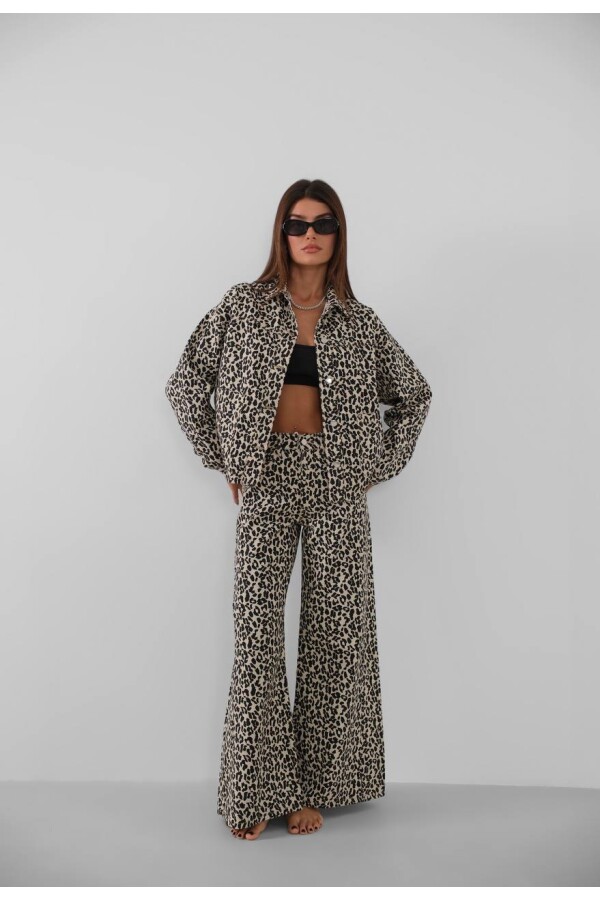 W2001 Bej Leopar Desenli Orta Bel Baggy Bol Paça Kot Pantolon