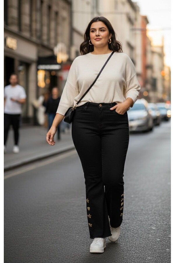 BATTAL Bayan Paçası İşlemeli Likralı Pantolon