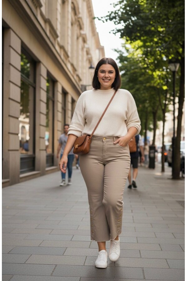 BATTAL Bayan Paçası İşlemeli Likralı Pantolon