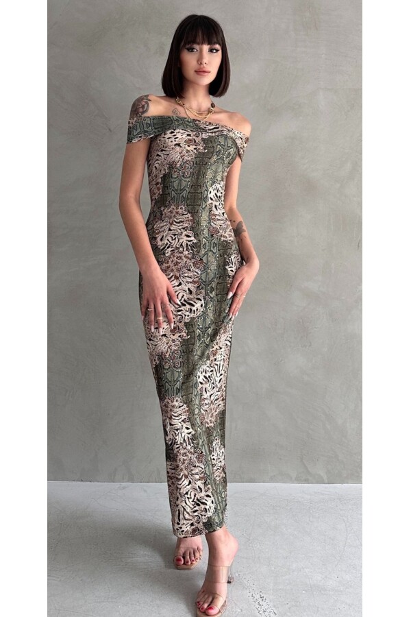 Bayan Leopar Desenli Uzun Elbise