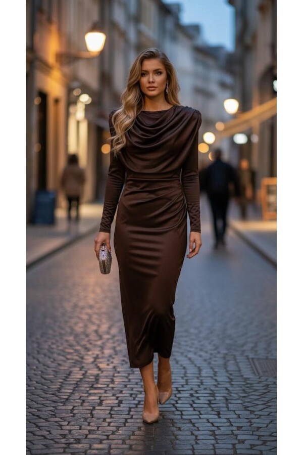 Bayan Şal Yaka Drapeli Kahverengi Elbise