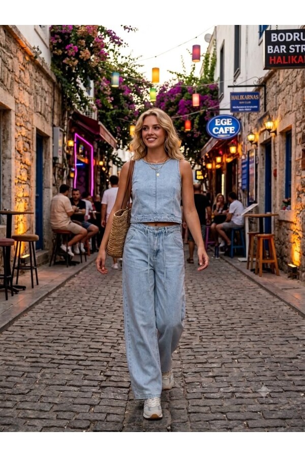 Kadın Açık Mavi Denim İkili Takım – Kolsuz Crop Bluz & Bol Paça Pantolon