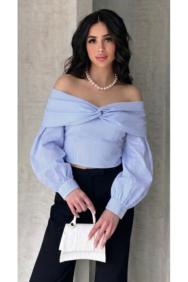 Kadın Mavi Madonna Yaka Balon Kol Crop Gömlek