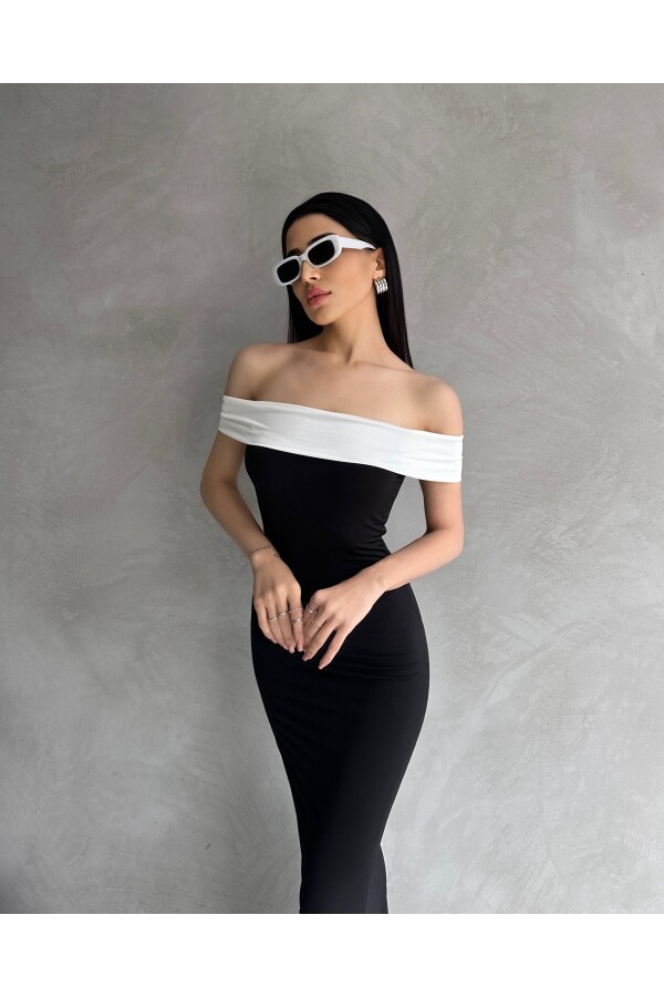 Kadın Siyah Garnili Madonna Yaka Uzun Elbise