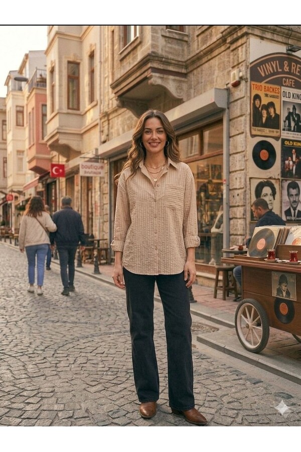 Kadın Taş Rengi Rahat Kesim Keten Gömlek