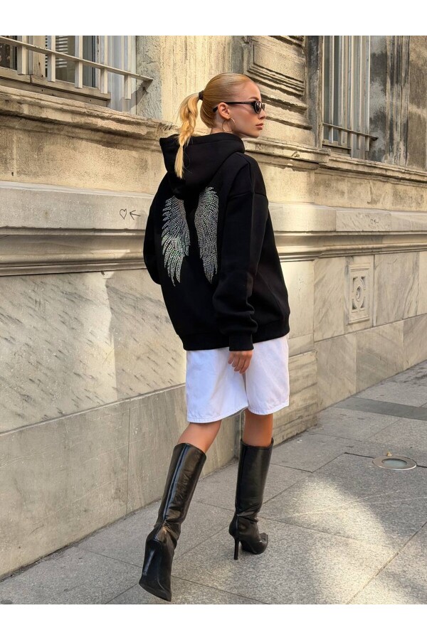 Kadın Taşlı Kanat Baskılı Oversize Kapüşonlu Sweatshirt