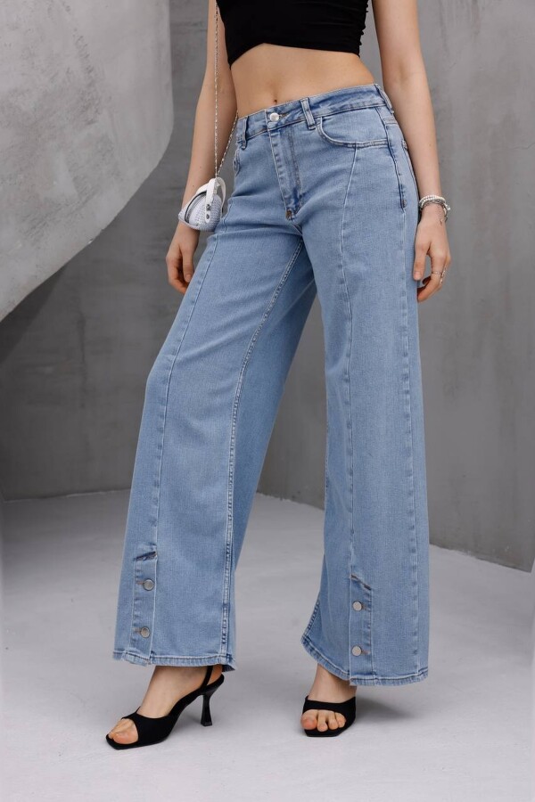 Kadın Yüksek Bel Düğme Detaylı Wide Leg Jean Pantolon