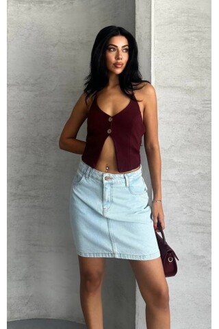 Bayan Buz Mavi Mini Kot Etek