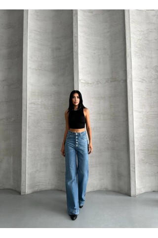 Bayan Düğme detaylı Bol Jean Pantolon