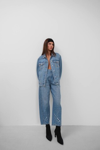 Tasarım Taşlı Kadın Oversize Mavi Kot Ceket 