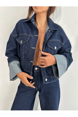 W1910 Kolu Katlamalı Lacivert Crop Denim Ceket