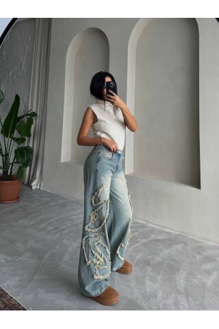 W1914 Orta Bel Baggy Tint Mavi Kot Pantolon