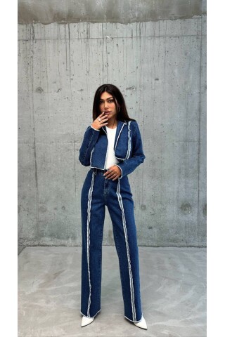W1941 Şeritli Straight Fit Yüksek Bel Mavi  Jean 