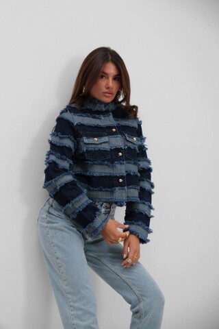 W1961 Mavi Püsküllü Gold Düğmeli Kısa Kadın Kot Ceket 