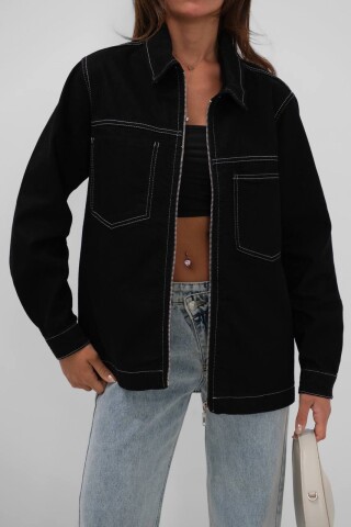 W1965 Kontrast Dikişli Fermuarlı Kadın Oversize Siyah Kot Ceket 