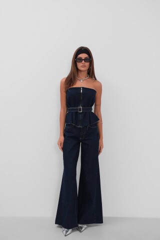 W1982 Orta Bel Baggy Koyu Mavi Kot Pantolon 