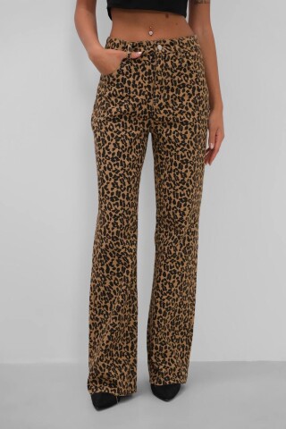 W1983 Kahverengi Leopar Straight Fit Kadın Kot Pantolon