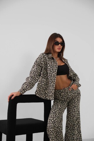 W1984 Bej Leopar Desenli Denim Ceket Gömlek 