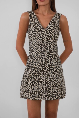 W2000 Leopar Kalın Askılı Denim Mini Elbise 