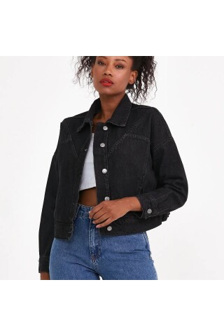 Bayan Dikiş Detaylı Siyah Denim Ceket