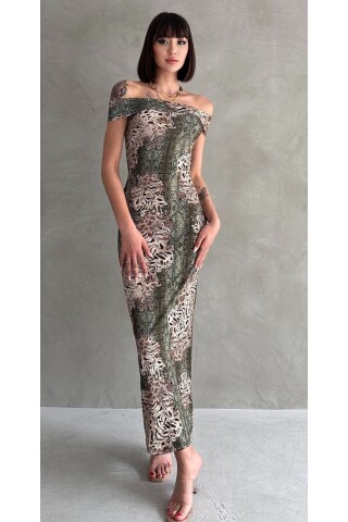 Bayan Leopar Desenli Uzun Elbise