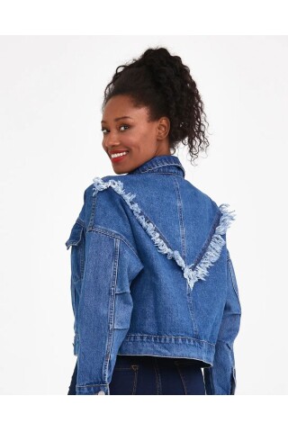 Bayan  Püskül Detaylı Mavi Crop Denim Ceket