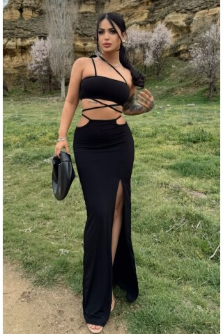 Bayan Siyah Uzun Straplez Goth Elbise