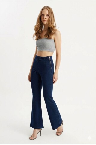 Bayan YanI Fermuarlı İspanyol Paça Denım Pantolon